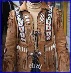 Brown Western Suede Leather Jacket Men Native American Cowboy Bead Fringe Jacket