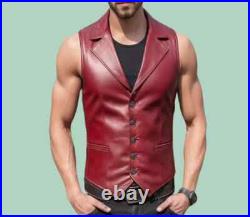 Burgundy Original Waistcoat Button Western Vest Coat Jacket Leather Lambskin Men