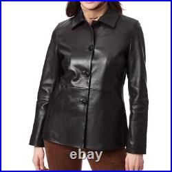 Button Front Genuine Leather Barn Jacket Coat For Womens