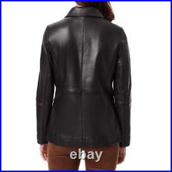 Button Front Genuine Leather Barn Jacket Coat For Womens