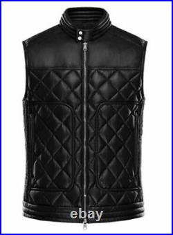 Button Waistcoat Party Men Black 100% Lambskin Leather Vest Coat Jacket Western