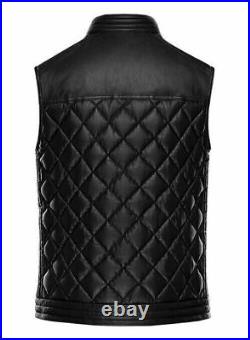 Button Waistcoat Party Men Black 100% Lambskin Leather Vest Coat Jacket Western