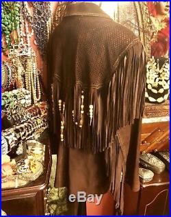 CACHE Western Jacket Coat Suede Leather Fringe Beads Tribal Brown USA Women L