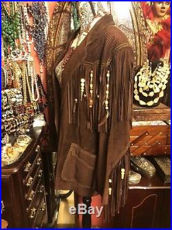 CACHE Western Jacket Coat Suede Leather Fringe Beads Tribal Brown USA Women L