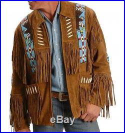 CFD Men Western Yellow Suede Leather Jacket Fringe Bone and Beads Work-21