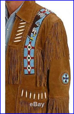 CFD Men Western Yellow Suede Leather Jacket Fringe Bone and Beads Work-21