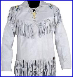 Celebrita X Western Cowboy Men's Leather Jacket White Fringed & Beads Work