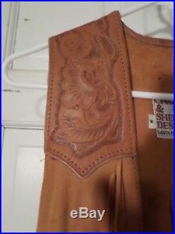 Char & Sher Vintage Fringed And Tooled Leather Western Long Vest Size 8