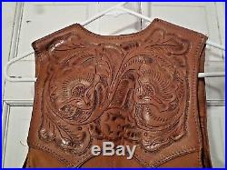 Char & Sher Vintage Fringed And Tooled Leather Western Long Vest Size 8
