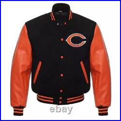 Chicago Bears Varsity Jacket Black & Orange Letterman with Real Leather Sleeves