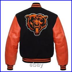 Chicago Bears Varsity Jacket Black & Orange Letterman with Real Leather Sleeves