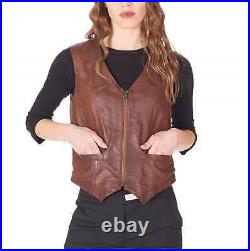 Classic Brown Waistcoat Western Vest Button Jacket Women Lambskin Leather Coat