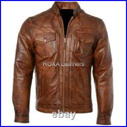 Classic Men Genuine Cowhide 100% Leather Jacket Motorcycle Cow Basic Brown Coat