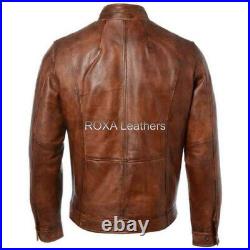 Classic Men Genuine Cowhide 100% Leather Jacket Motorcycle Cow Basic Brown Coat