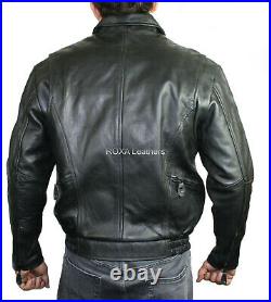 Classic Men's Genuine Cowhide Real Leather Jacket Biker Black Cow Coat Collared