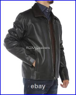 Classic Men's Genuine Cowhide Real Leather Jacket Biker Cow Black Coat Collared