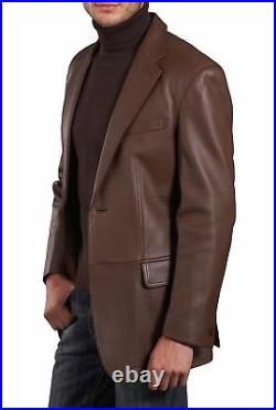 Classic Men's Genuine Lambskin Leather Blazer Jacket Soft TWO BUTTON Brown Coat