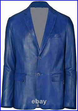 Classic Men's Real Leather Blazer Genuine Lambskin Soft Blue BUTTON Coat Jacket