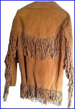 Classic Men's Western Style Cowboy Fringed Suede Leather Jacket Brown Soft Coat