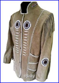 Classyak Men's Western Cowboy Fringed & Boned Suede Leather Coat