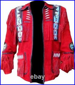 Classyak Men's Western Cowboy Red Eagle Beading Jacket in Seude Leather