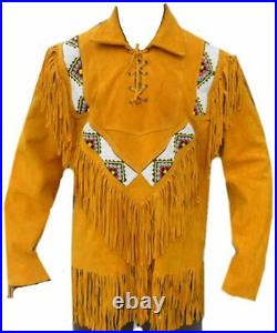 Classyak Western Cowboy Leather Coat, Fringed and Beaded
