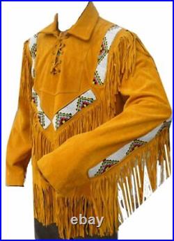 Classyak Western Cowboy Leather Coat, Fringed and Beaded