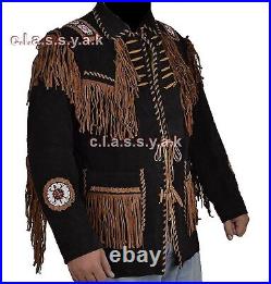 Classyak Western Leather Coat Fringed & beaded Black Top Quality Suede, XS-4XL