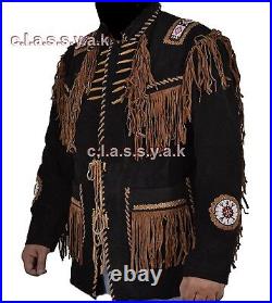 Classyak Western Leather Coat Fringed & beaded Black Top Quality Suede, XS-4XL