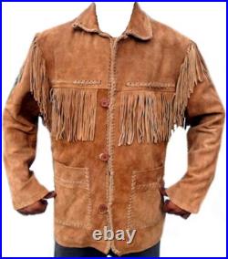 Classyak Western Leather Coat, Fringes on Front, Back, Shoulders & Sleeves