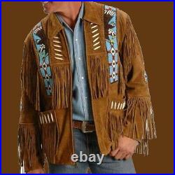 Coat Cowboy American Indian Style Men Western Wear Suede Leather Jacket Fringes