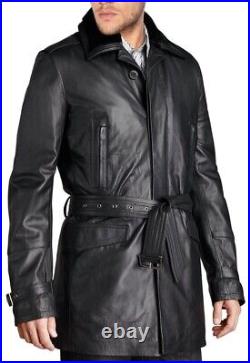 Coat Leather Long Jacket Mens Trench Black Men Sheepskin Length Winter Biker 9