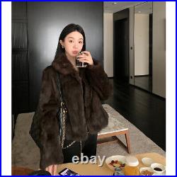 Coffee Color Leather Real Rabbit Fur Jackets Short Women's Lapel Coats Overcoats