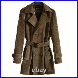 Corduroy Double Breasted Button Belt Mid Long Trench Coat Lapel Collar Mens Chic
