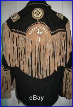 Cowboy Suede Western Leather Jacket Fringe Bones Native American Coat