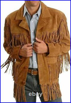 Cowboy Western Brown Leather Jackets for Men-Native American Fringe Jacket/Coat