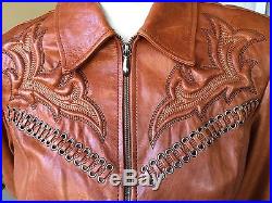 Cripple Creek Brown Western Leather Jacket M Medium Full Zip Embellished Studded