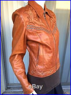 Cripple Creek Brown Western Leather Jacket M Medium Full Zip Embellished Studded