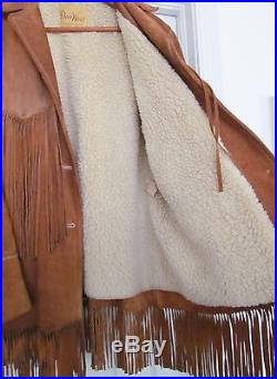 DEER WEAR Vtg Western Cowhide Leather Fringed Sheepskin Jacket Coat-Brown- SZ 36
