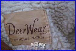 DEER WEAR Vtg Western Cowhide Leather Fringed Sheepskin Jacket Coat-Brown- SZ 36
