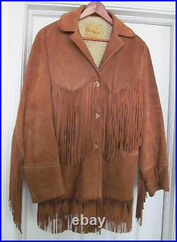 DEER WEAR Western Cowhide Leather Sheepskin Jacket Coat Fringe Brown 36 VINTAGE