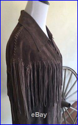 DKNY Brown Suede Leather Fringed South Western Cowboy Jacket Coat RARE! L/XL Fit