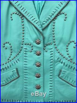 DOUBLE D RANCH Womens Genuine Leather Turquoise Studded Western Jacket Small