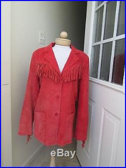 Denim & Co Ladies Red Genuine Leather Suede Fringe Western Jacket Coat Large