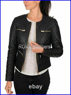 Designer Women Collarless Authentic Lambskin 100% Leather Jacket Golden Zip Coat