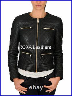 Designer Women Collarless Authentic Lambskin 100% Leather Jacket Golden Zip Coat
