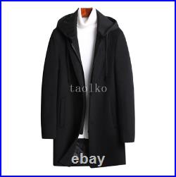 Detachable Hooded Men's Single Breasted Wool Blend Mid Long Trench Overcoat Coat