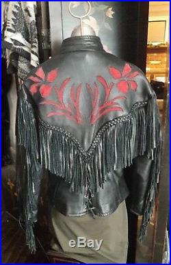 Diamond Leathers Western Coat/Jacket Fringe Braided Black Red rose Medium