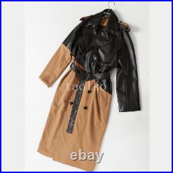 Double Breasted Belt Faux Leather Matching Mid Long Trench Coat Jacket Womens sz