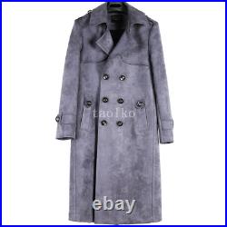 Double Breasted Lapel Collar Faux Suede Men Mid Long Trench Coat Jacket Overcoat